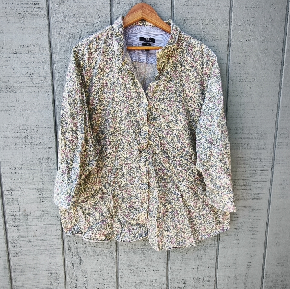 RL Chaps No Iron Floral Button Down Blouse sz 3X Pink Yellow Cottagecore Grandma